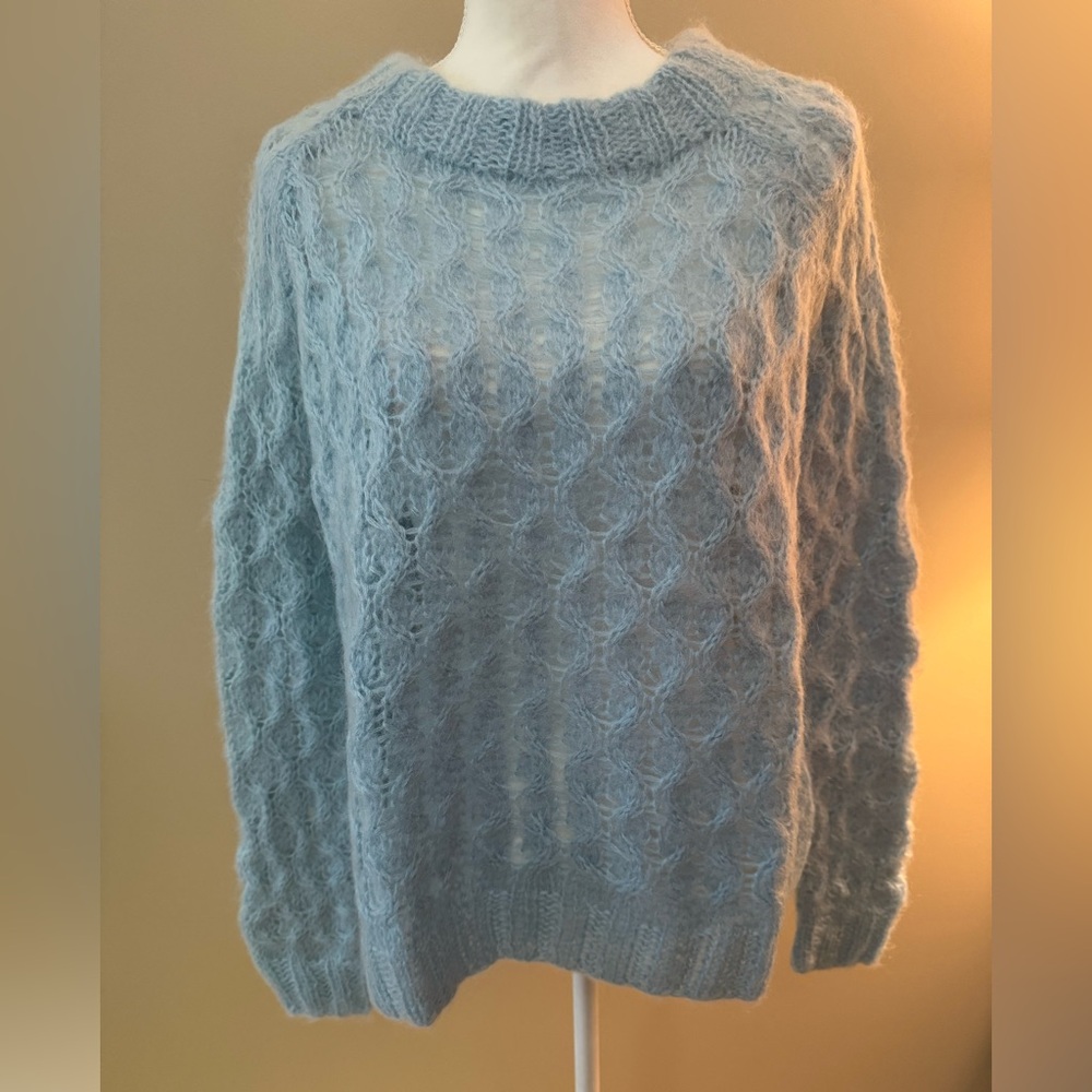 Happy Sheep Hand-Knit Crew-Neck Cable Sweater in Ice $500 Retail NWOT